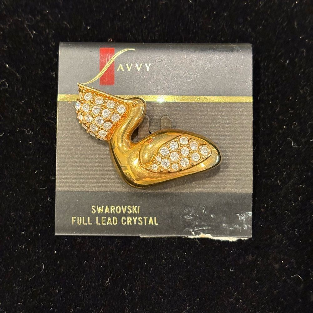 Savvy Gold Swarovski Crystal Pelican Broach Vintage
